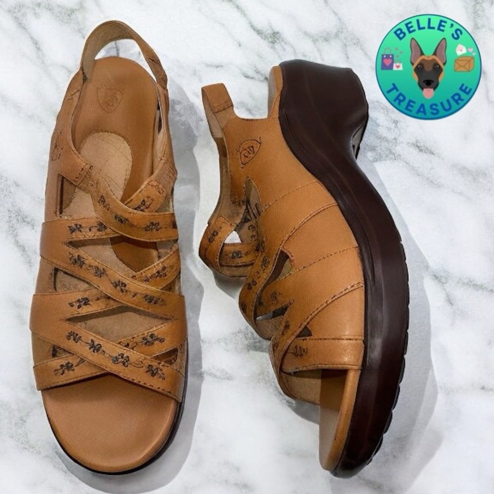 Ariat Sandals Womens 11 Brown Leather Floral Detail Strappy Chunky Platform Clog